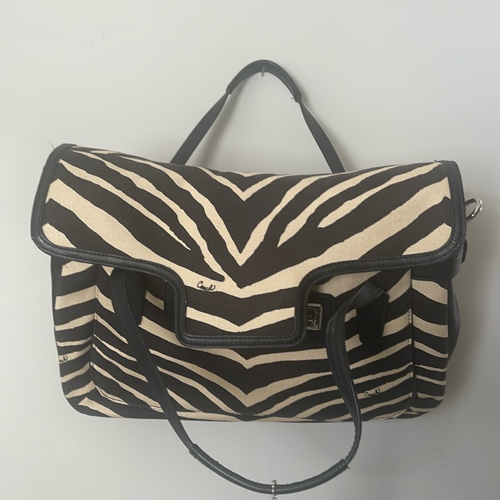COACH shoulder bag, tan/black zebra print with black leather trim
